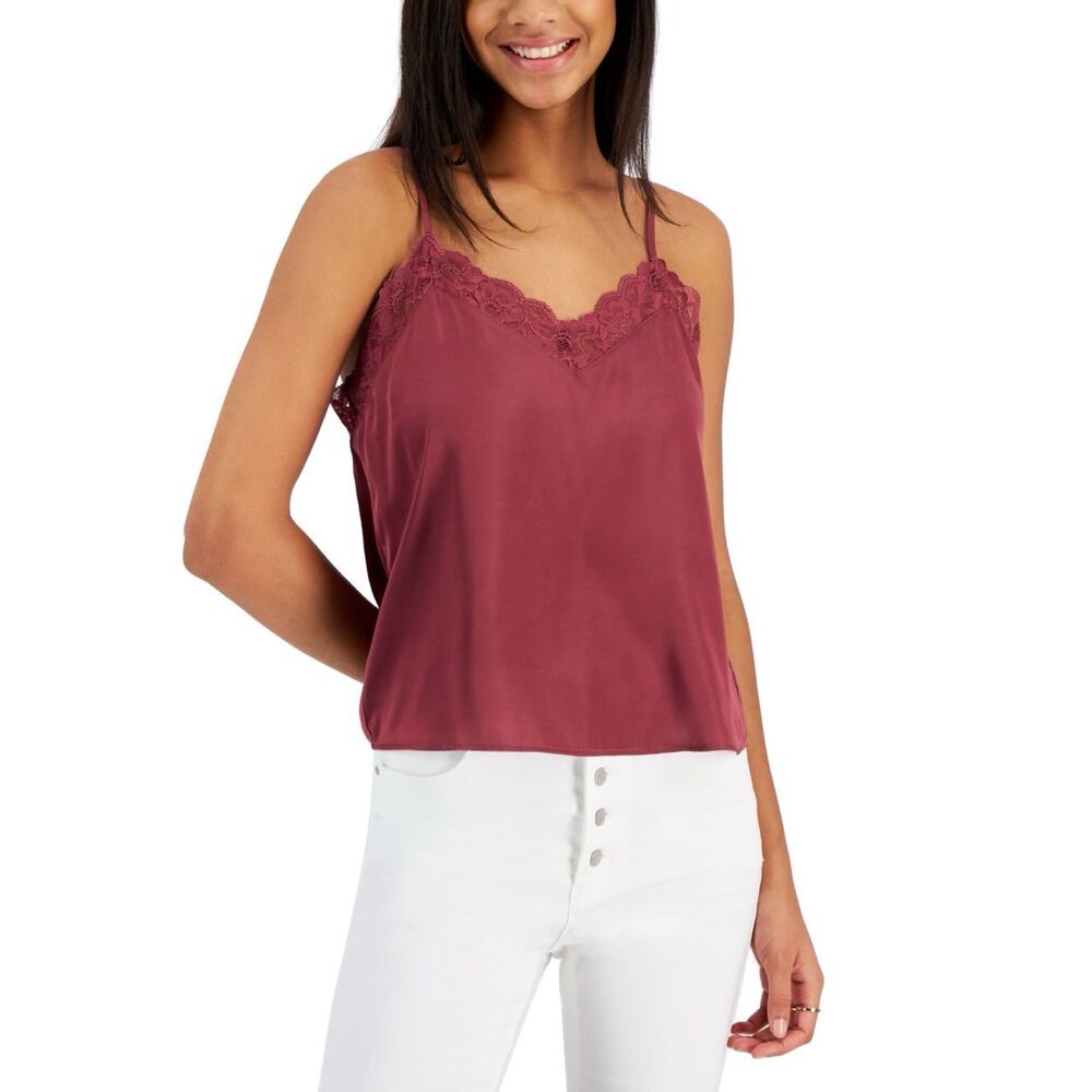 Hippie Rose Juniors Lace-Trim Satin Tank Top B4HP (Red Juniors Size S)